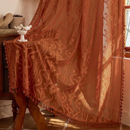 Boho Lace Curtains 63 Inch 2 Panels (Terracotta / 52"W x 63"L (Pack of 2))