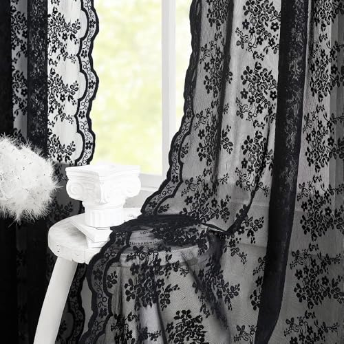 Vintage Lace Curtains 80 inch Length 2 Panles for Doorway Victorian Gothic Floral Dark Academia Black Sheer Curtain Panels for Living Room Bedroom Light Filtering 52 by 80 inch Length (Black / 52"W x 80"L (Pack of 2))