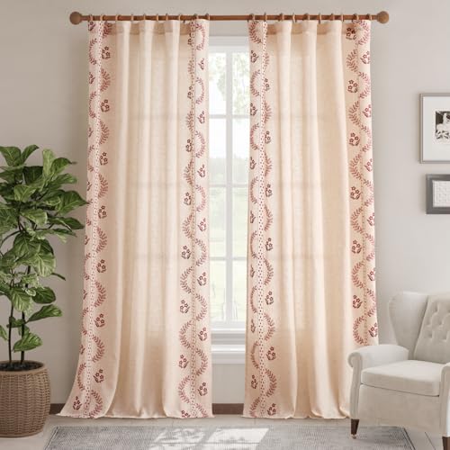 Floral Linen Curtains 96 Inch Farmhouse Back Tab 2 Panels (Red / 50"W x 96"L (Pack of 2))