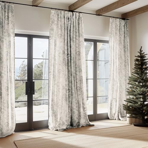 Linen Blend Curtain Floral Curtains for Living Room 108 Inch Length Grey Printed Curtain Rod Pocket Back Tab Farmhouse Peony Flower Patterned Drapes Bedroom Window Curtains Set 2 Panels (Grey / 50"W x 108"L (Pack of 2))