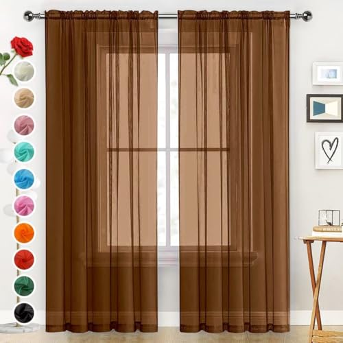 Sheer Voile Window Treatment Rod Pocket Curtain Panels for Kitchen Bedroom Living Room Drapes Sunlight Filtering Privacy Semi Home Decor Assorted (Brown / 52"W x 95"L (Pack of 2))