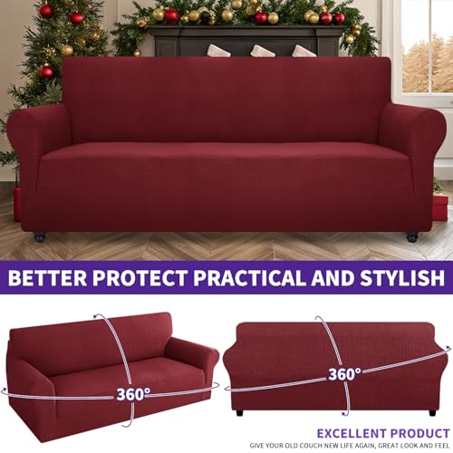 Stretch Oversized Couch Cover Universal Sofa Covers for Living Room Dogs Pet Furniture Protector Spandex Extra Large Sofa Slipcovers with Anti Slip Foam Sticks (Wine Red / X-Large (92"-115"))