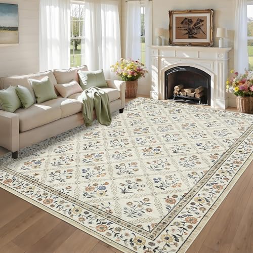 6x9 Machine Washable Area Rugs for Living Room Floral Stain Resistant Soft Carpet Vintage Low Pile Non Slip Non (Beige/Sand / 6' x 9' (Rectangular))