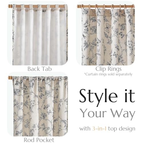 Black Floral Linen Curtains Lined 84 Inch Vintage Back Tab 2 Panels (Charlotte Black / 50"W x 84"L (Pack of 2))