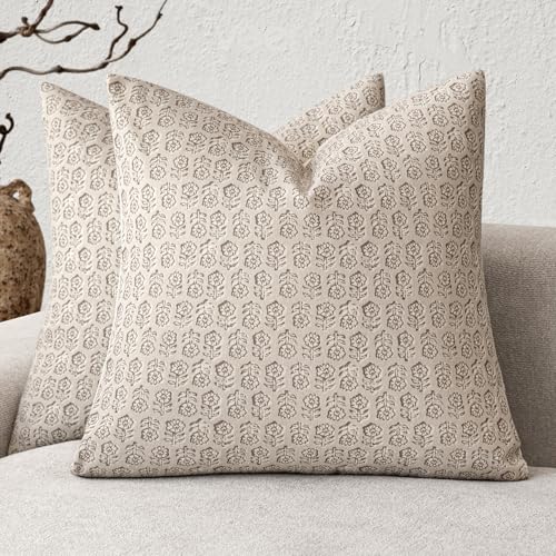 Decorative Floral Print Throw Pillow Covers 22×22 Ivory Beige (22" x 22" (Pack of 2) / Biscotti Beige)