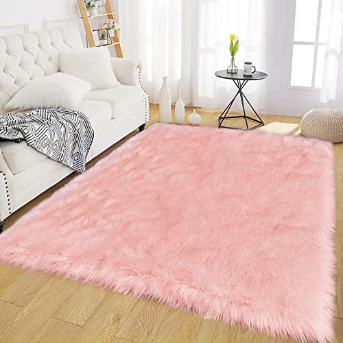 Pink Bedroom Rug 4x6 Area Faux Sheepskin Rug Fluffy Fur Rugs for Living Room Furry Bedside Rugs for Girls Room Luxury Home Decor (4' x 6' (Rectangular) / Pink)