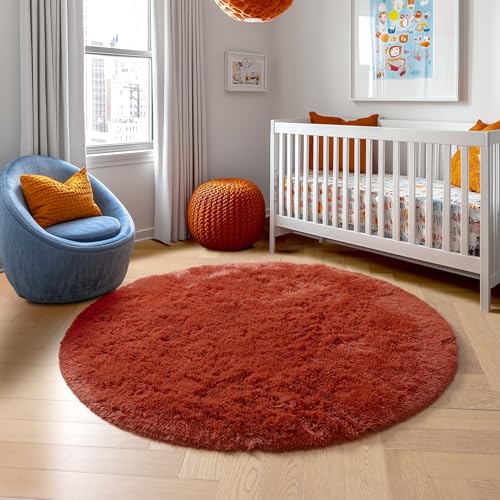 Terracotta Large Furry Round Rug 6Ft for Living Room Kids Bedroom (Terracotta / 6' (Round))