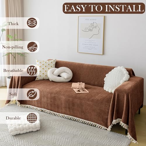 Boho Style Sofa Cover with Tassels (91" x 134" / Tassel Ball: Chocolate)