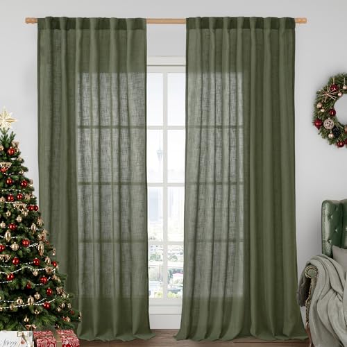 Extra Wide Linen Curtains for Bedroom Living Room 60 x 84 Inch (Olive Green / 60"W x 84"L (Pack of 2))