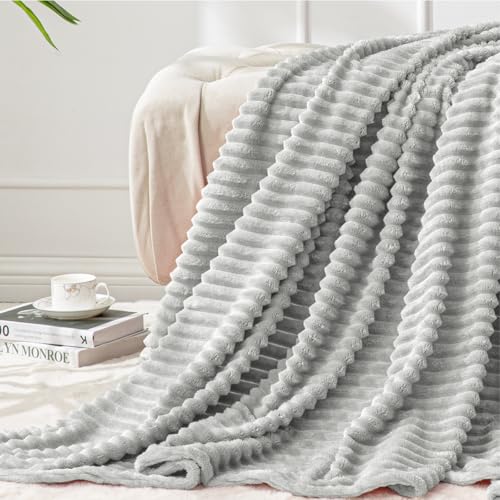 3D Ribbed Light Grey Fleece Throw Blanket for Couch (Light Grey / Throw(50"x60"))