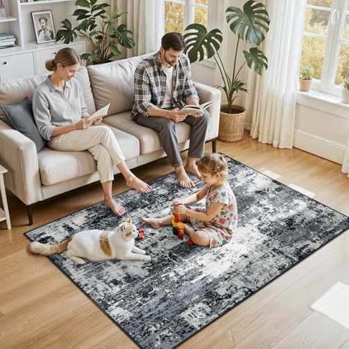 Washable 4'x6' Abstract Area Rug for Living Room Black White (Black/Navy Blue/Gray / 4' x 6' (Rectangular))