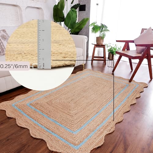 Wave Scalloped Jute Rug Entryway Natural Boho Area Rug 2'6"x4' Sky (2'6"x4' / Sky Blue)