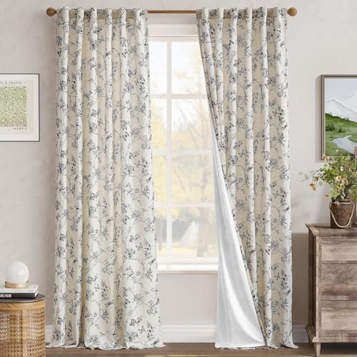 Black Floral Linen Curtains Lined 96 Inch Vintage Back Tab 2 Panels (Charlotte Black / 50"W x 96"L (Pack of 2))