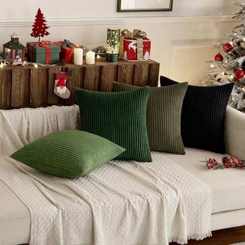 Soft Corduroy Decorative Throw Pillow Covers Neutral Green 18x18 (18" x 18" (Pack of 4) / Green-black)