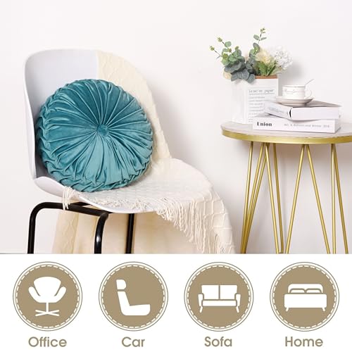 Set of 2 Teal Velvet Decorative Round Pleated Throw Pillows (Teal)