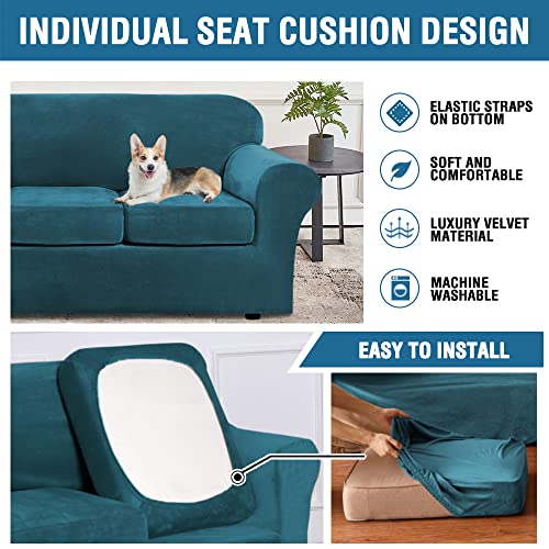 Modern Velvet Plush 4 Piece High Stretch Sofa Slipcover Sofa Cover Furniture Protector Form Fit Luxury Thick Velvet Sofa Cover for 3 Cushion Couch Width Up to 90 Inch (3 Cushion Sofa / Deep Teal)