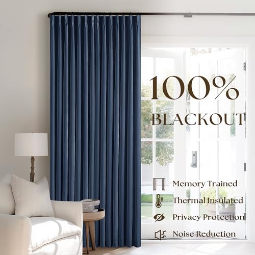 Dark Blue Pinch Pleated 100% Blackout Linen Bedroom Curtains 96 Inch Length (Navy / 40"W x 96"L (Pack of 2))