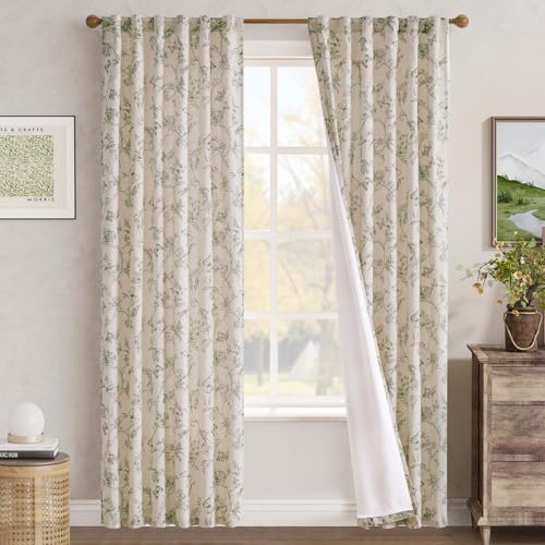 Green Floral Linen Curtains Lined 84 Inch Vintage Back Tab 2 Panels (Charlotte Sage Green / 50"W x 84"L (Pack of 2))