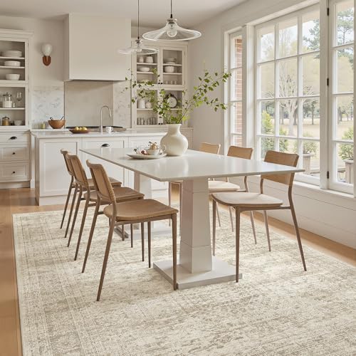 5x8 Area Rugs Beige Low Pile Washable Trendy Faded Style Rug (Beige / 5' x 8' (Rectangular))
