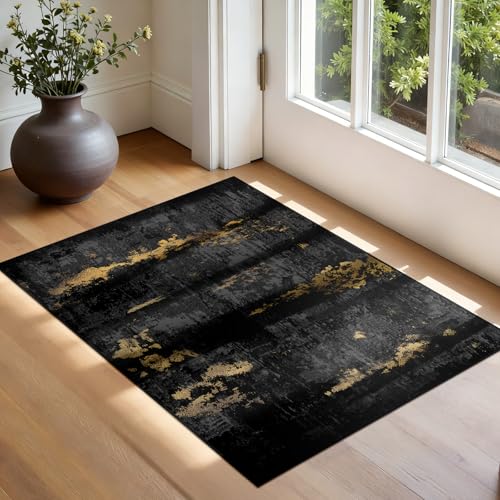 Washable 2'x3' Abstract Area Rug for Living Room Black Gold (Black/Gold / 2' x 3' (Rectangular))