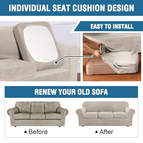 Modern Velvet Plush 4 Piece High Stretch Sofa Slipcover Furniture Protector Form Fit Velvet Extra Large Sofa Cover for 3 Cushion Couch Width Up to 105 Inch (3 Cushion XL Sofa / French Oak)