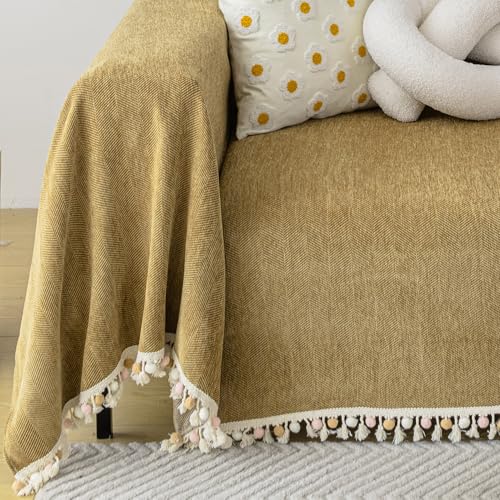 Couch Covers for Pets Boho Mustard Yellow Love Seat Couch Covers Brown Sofa Cover for Dogs Pet Couch Protector Chenille Tassel Sofa Slipcovers Sofa Throw Cover Boho Decor (91" x 134" / Tassel Ball: Mustard)