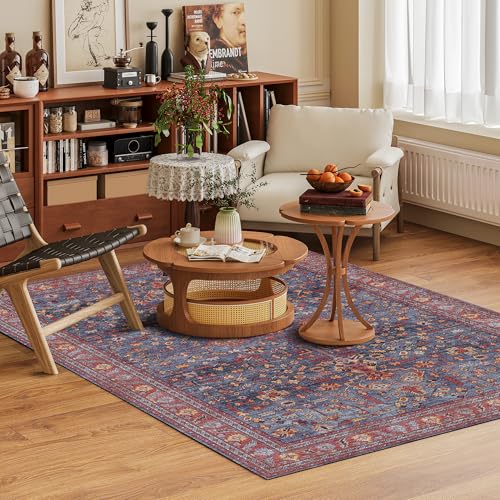 Washable Area Rug 4' x 6' Vintage Traditional Persian Mat (Indigo and Crimson / 4' x 6' (Rectangular))