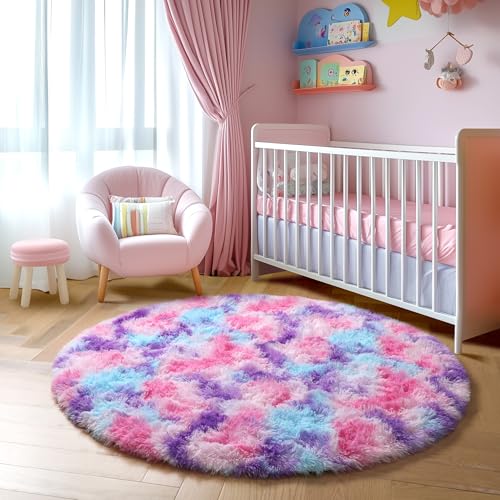 Pink Blue Purple Fluffy Large Round Rug 6Ft for Girls Kids Bedroom (Pink Blue Purple / 6' (Round))