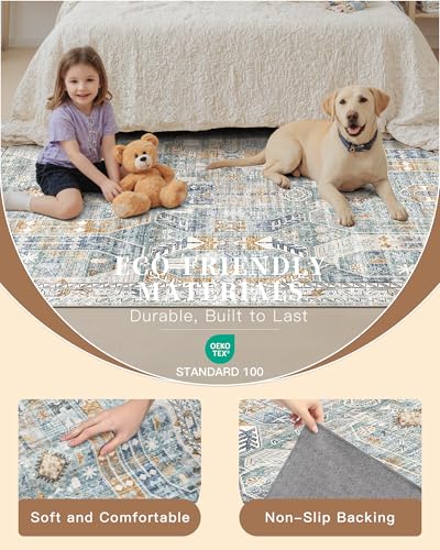 Hallway Runner Rug 2x8 Washable Kitchen Rugs Non (Blue/Gold / 2' x 8' (Runner))