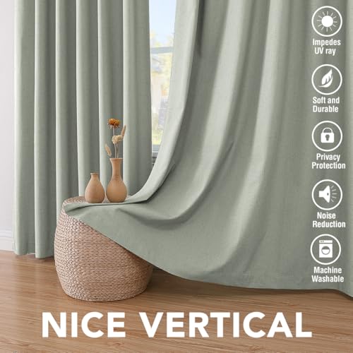 Linen Blackout Curtains 63 Inches Long 100% Absolutely Blackout Thermal Insulated Textured Linen Look Curtain Draperies Anti (Sage / 52"W x 63"L (Pack of 2))