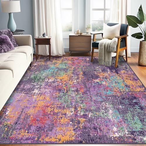 Washable 6'x9' Abstract Area Rug for Living Room Purple Multi (Purple/Orange/Teal/Green/Red / 6' x 9' (Rectangular))