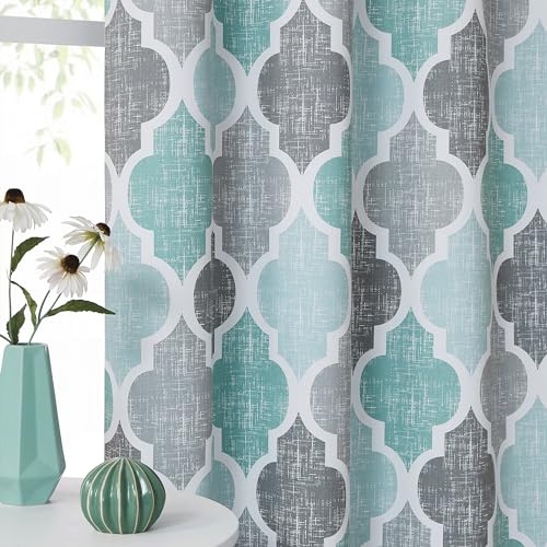 Moroccan 100% Blackout Curtains Bedroom Aqua Grey 50x84 2 Panels (Rod Pocket | Aqua and Grey / 50"W x 84"L (Pack of 2))