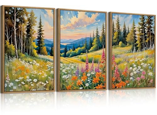 Colorful Woodland Wall Art Large Floral Field Wall Decor 16x24 Inch Set of 3 for Living Room Bedroom Dining Room (24"L x 16"W / Colorful Nature)