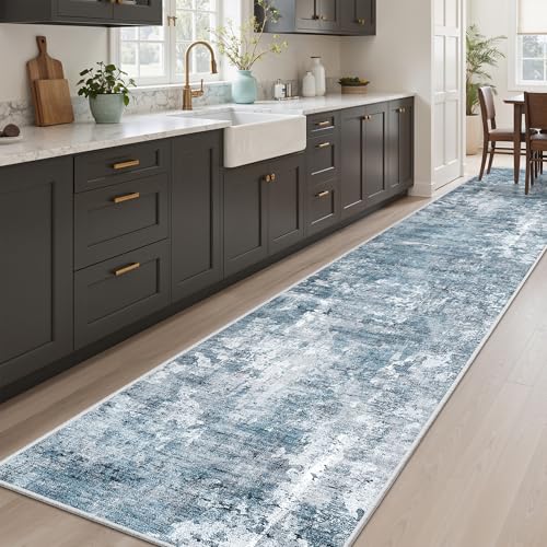 Hallway Runner Rug 2'6" x 12' Kitchen Rugs Abstract Blue (Blue/Grey / 2'6" x 12' (Runner))
