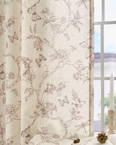 Floral Linen Curtains for Living Room 84 Inch Length Butterfly Curtain Taupe Floral Curtains French Country Farmhouse Curtain Flower Patterned Drapes Window Treatment Set 2 Panels (Flower Taupe / 50"W x 84"L (Pack of 2))