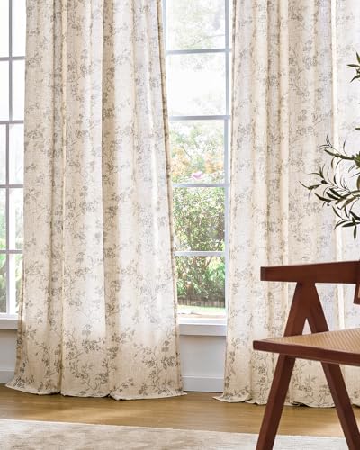 Grey Vintage Floral Linen Curtains Farmhouse 38W X 90L 2 Panels (Grey on Beige / 38"W x 90"L (Pack of 2))