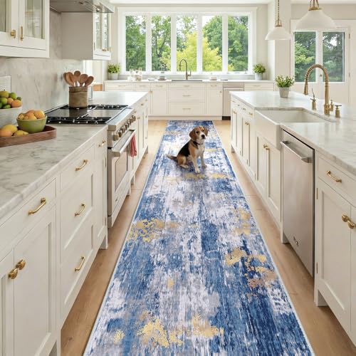 Washable Runner 2'6"x14' Abstract Area Rug for Hallway Blue Gold (Blue/Gold / 2'6" x 14' (Runner))