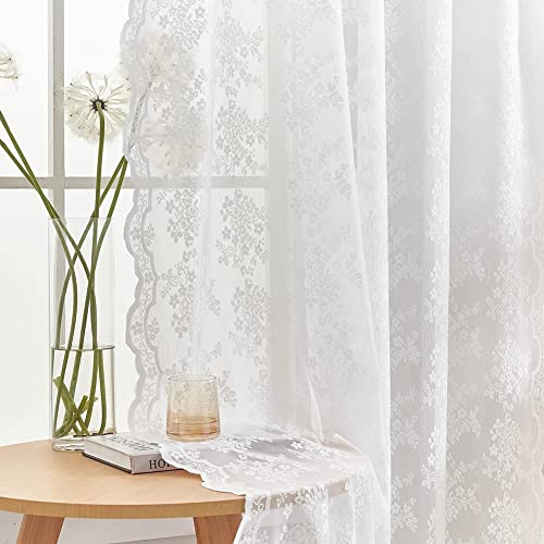 Vintage Lace Curtains White Sheer Curtains 96 inches Long 2 Panels Old Fashion Floral Victorian Voile Panels for Living Room Bedroom Rod Pocket Light Filtering 52Wx 96L (Bright White / 52"W x 96"L (Pack of 2))