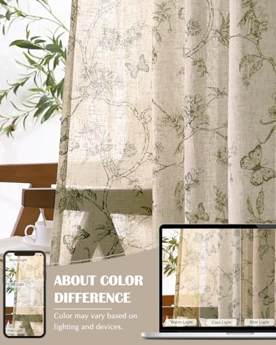 Floral Linen Curtains for Living Room 63 Inch Length Butterfly Sage Green Floral Curtains French Country Farmhouse Flower Patterned Drapes Window Treatments Set 2 Panels (Flower Sage Green / 50"W x 63"L (Pack of 2))