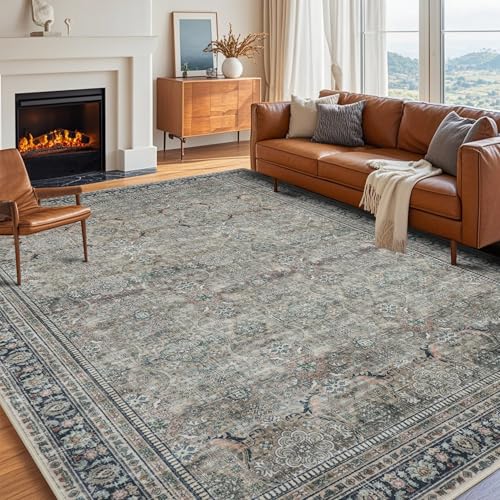Green Retro 8x10 Washable Area Rugs for Living Room (8' x 10' (Rectangular) / Green-olive-beige-brown-charcoal)