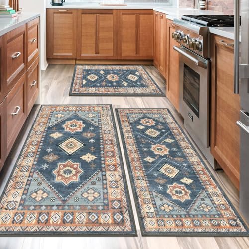 HEBE Boho Kitchen Rugs Set of 3 (Blue/Coffee / 20"x32"+20"x48"+30"x50")