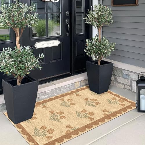 Front Door Mat Indoor Entrance (Flower - Wheat/Tan/Sage / 2' x 4'3" (Rectangular))