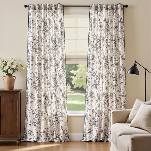 Vintage Floral Linen Curtains 96 Long for Living Room 2 Panels (Black / 50"W x 96"L (Pack of 2))
