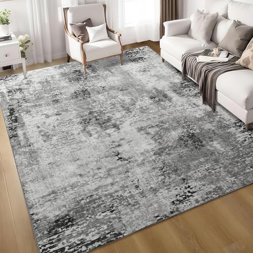 Living Room Rug 7x10 Gray Area Rugs Machine Washable Abstract Boho Large Rug Non (Grey / 7' x 10' (Rectangular))