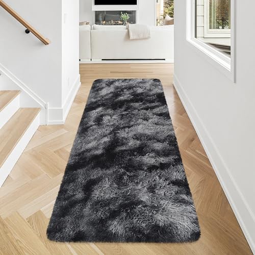 Tie Dyed Runner Rug for Bedroom Black Grey 2x5ft Fluffy Area Rug Bedside Runner Rug for Kids Room Boys Teens Nursery Baby Living Room Dorm Home Decor Carpets (Tie-dyed Black Grey / 2' x 5' (Runner))