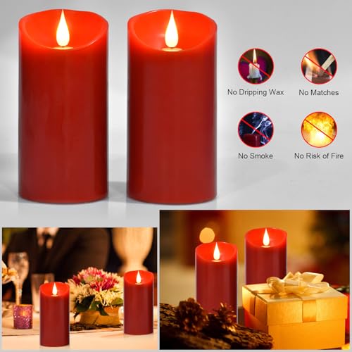 Flameless Battery Operated LED Candles 3D Wick Remote Control 24 (D3"xH6" - 2pack / Red-warm light)
