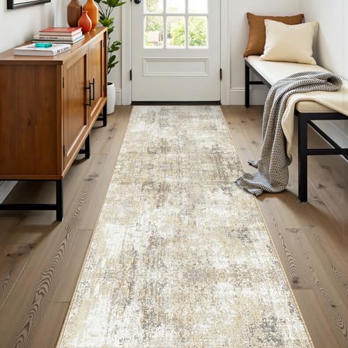 Washable Runner 2'x8' Abstract Area Rug for Hallway Neutral Brown (Gray/Neutral Brown / 2' x 8' (Runner))