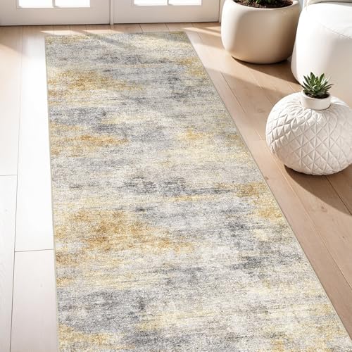 3x7 Runner Rug Washable Abstract (Grey/Yellow / 3' x 7')