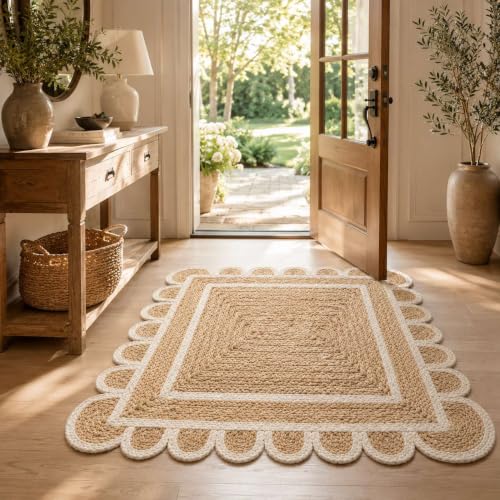 Scalloped Natural Jute Area Rug 3x5 Ft (Off White / 3' x 5' (Rectangular))