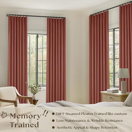 Terracotta Pinch Pleat 100% Blackout Linen Bedroom Curtains 96 Inch Length (Terracotta / 40"W x 96"L (Pack of 2))